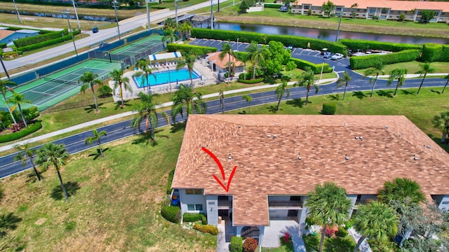 aerial view featuring a water view