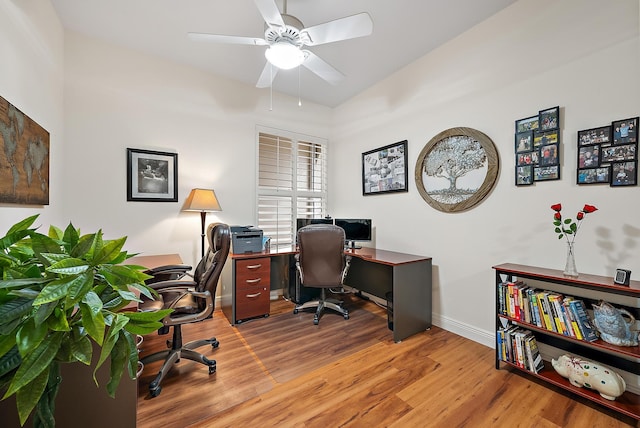 office space with ceiling fan and light wood-type flooring