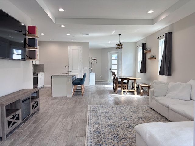 living room with light hardwood / wood-style flooring and sink