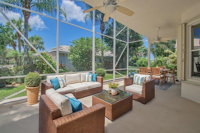 11481 Kanapali Ln, Boynton Beach, FL 33437 - view of patio with ceiling fan, an outdoor living space, and glass enclosure