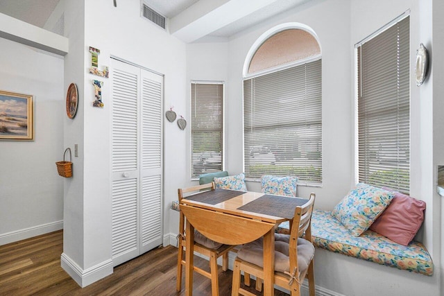 dining space featuring dark wood-type flooring and a healthy amount of sunlight