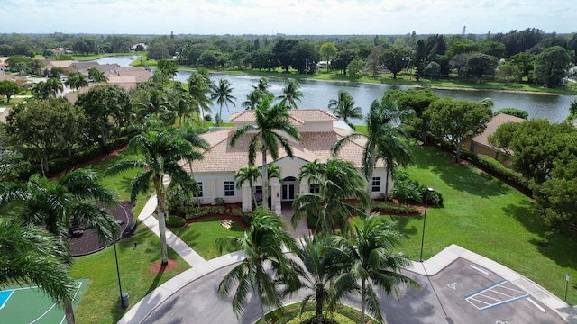 aerial view featuring a water view