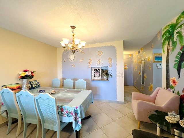 dining room featuring a chandelier, light tile patterned floors, and a textured ceiling