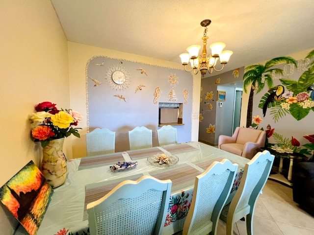 tiled dining room featuring an inviting chandelier