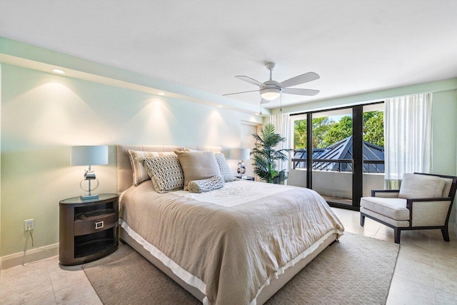 tiled bedroom with ceiling fan and access to exterior