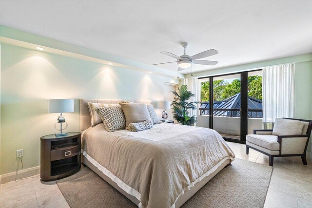1800 S Ocean Blvd Unit 2A, Boca Raton, FL 33432 - bedroom featuring light tile patterned floors, access to exterior, baseboards, a ceiling fan, and recessed lighting