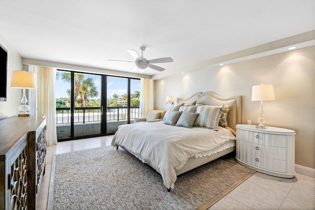 tiled bedroom featuring ceiling fan and access to outside