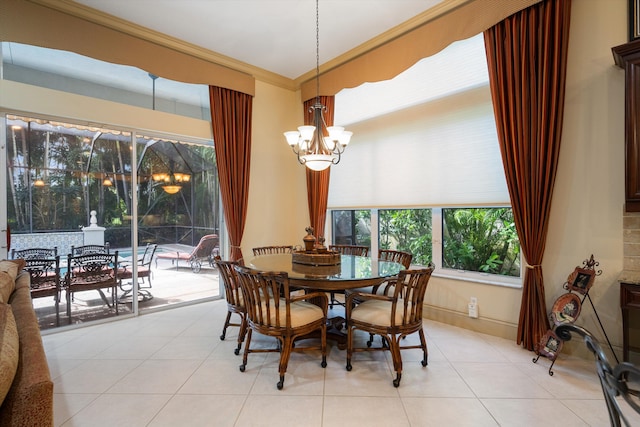 tiled dining room with a notable chandelier and crown molding