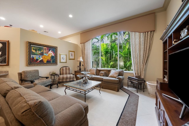 tiled living room featuring crown molding