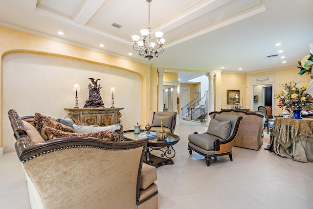 living room featuring beam ceiling, ornamental molding, ornate columns, and an inviting chandelier