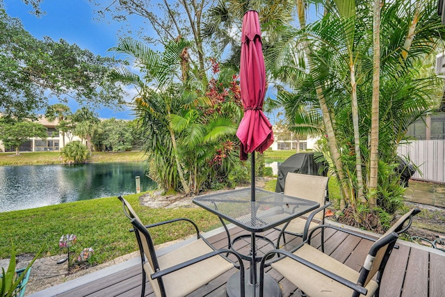 deck with a yard, a water view, and a patio area