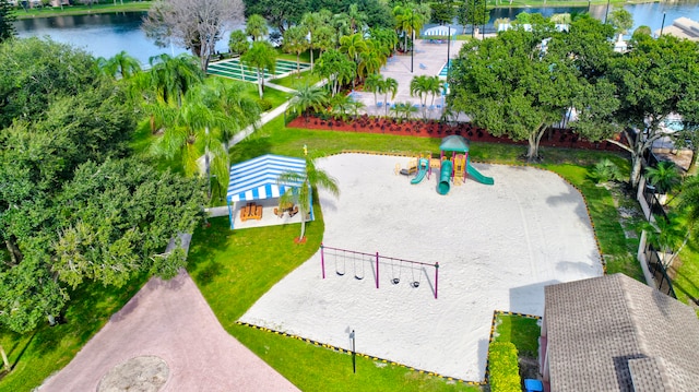 aerial view featuring a water view