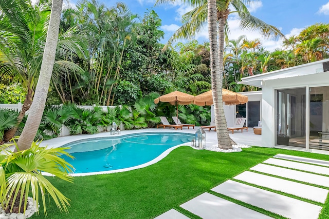 view of pool featuring a patio and a yard