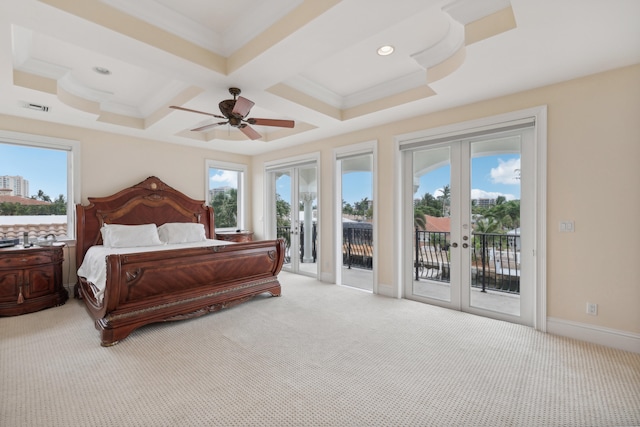 bedroom with french doors, access to outside, light colored carpet, coffered ceiling, and ceiling fan