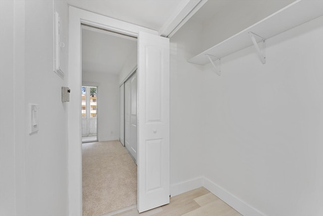 walk in closet with light carpet