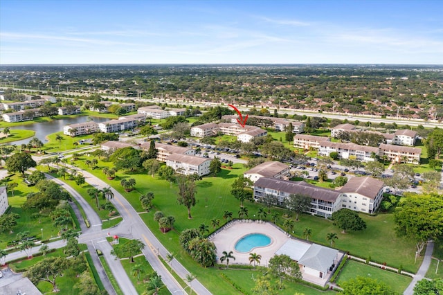 bird's eye view with a water view