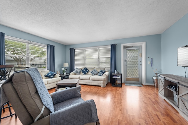 living room with light hardwood / wood-style floors and a textured ceiling