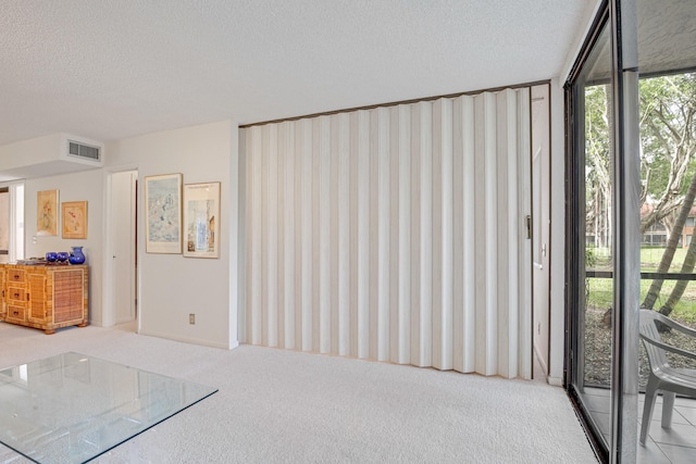 bedroom with a textured ceiling, light colored carpet, and access to exterior