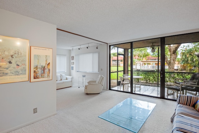 living room with expansive windows, carpet, track lighting, and a textured ceiling