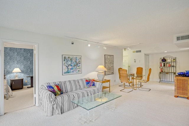 carpeted living room with track lighting