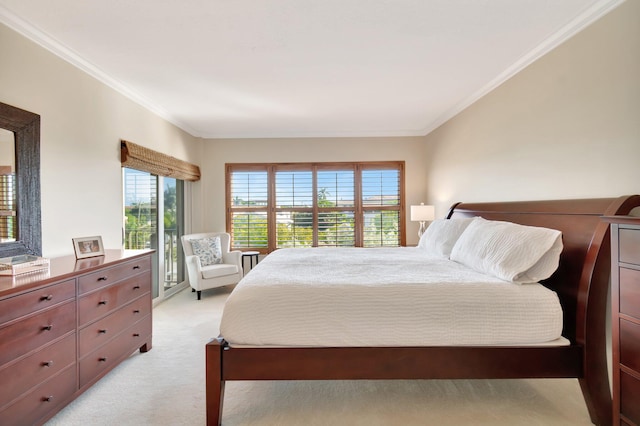 bedroom with crown molding and light colored carpet