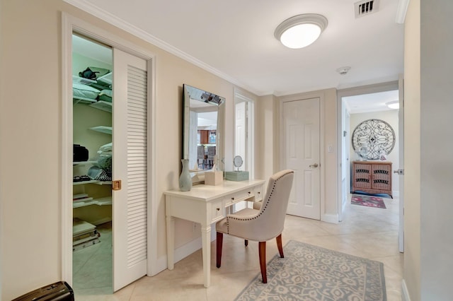 tiled office featuring crown molding