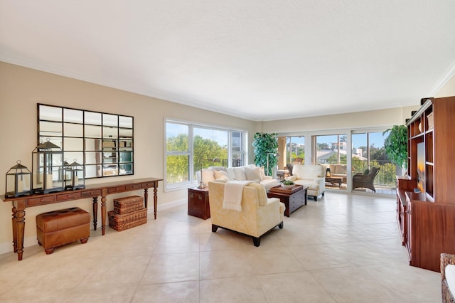 living room featuring ornamental molding and light tile patterned floors