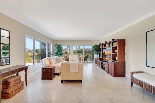 tiled living room with crown molding