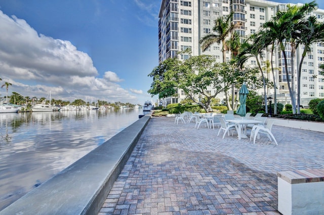 view of patio / terrace with a water view