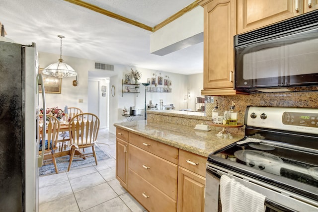 kitchen featuring light brown cabinetry, light stone countertops, electric stove, white fridge, and light tile patterned floors