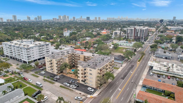 drone / aerial view of a skyline view and a major roadway
