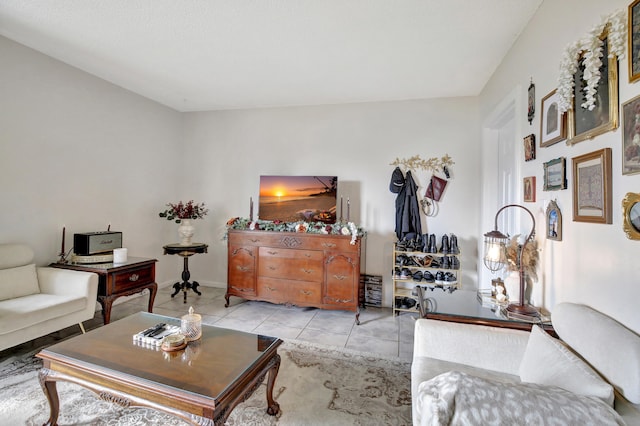 tiled living room with lofted ceiling