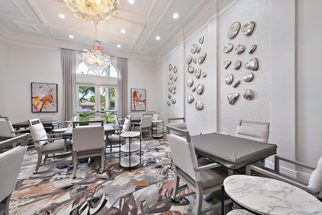 dining space with beam ceiling, ornamental molding, an inviting chandelier, and coffered ceiling