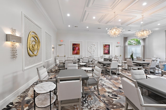 dining space with coffered ceiling, a notable chandelier, ornamental molding, and beam ceiling