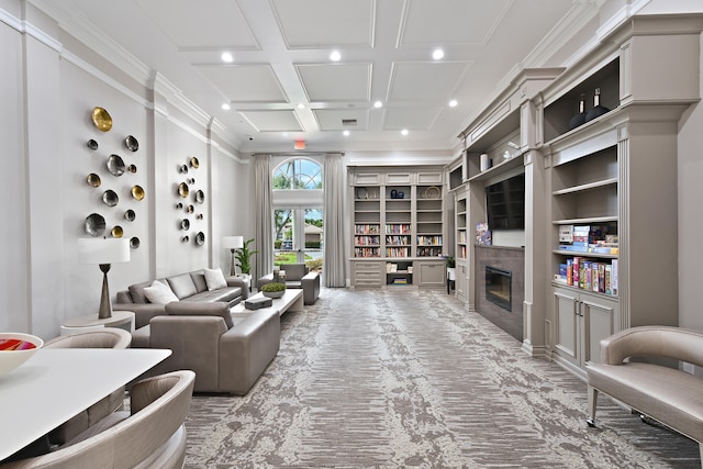 living room featuring beamed ceiling, crown molding, and coffered ceiling