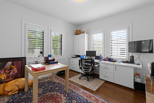 office with dark hardwood / wood-style flooring