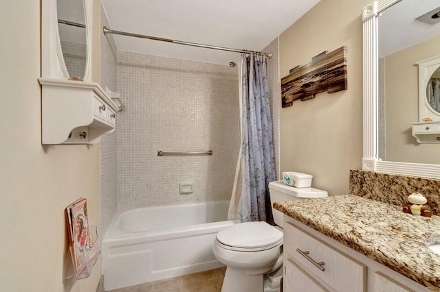 full bathroom featuring vanity, toilet, and shower / bathtub combination with curtain