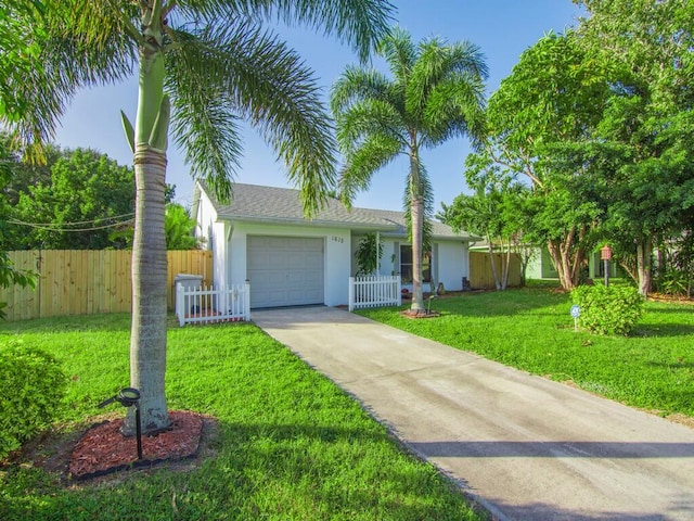 view of front of property featuring a garage and a front lawn