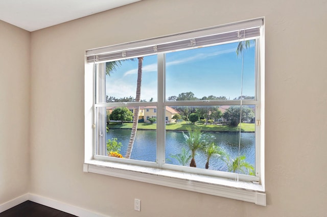 interior space with a water view