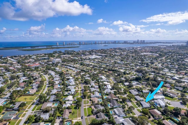 drone / aerial view featuring a water view