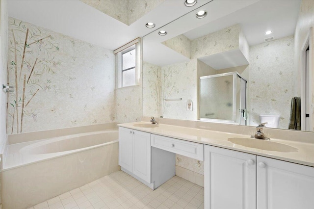 full bathroom with separate shower and tub, vanity, tile patterned flooring, and toilet