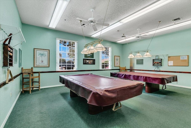 rec room with billiards, a textured ceiling, and carpet flooring