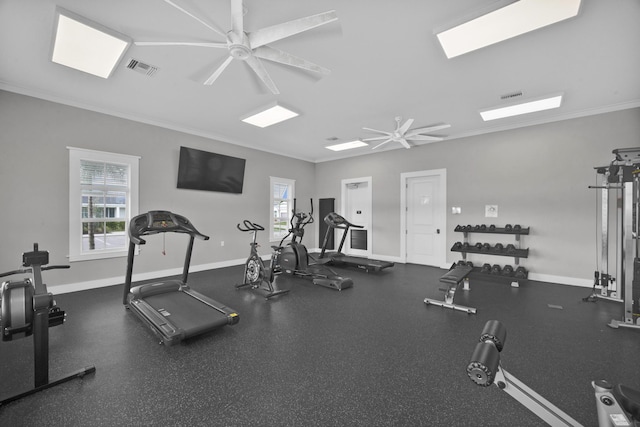 11461 SW Lyra Dr, Port Saint Lucie, FL 34987 - gym with ceiling fan, ornamental molding, baseboards, and a skylight