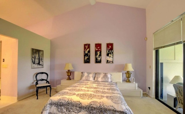 carpeted bedroom featuring vaulted ceiling with beams