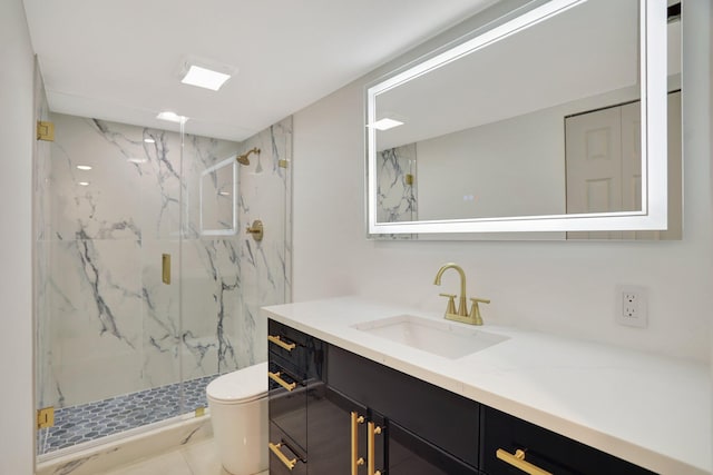 bathroom with walk in shower, tile patterned floors, vanity, and toilet