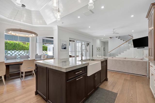 kitchen featuring light wood-type flooring, dark brown cabinetry, and sink