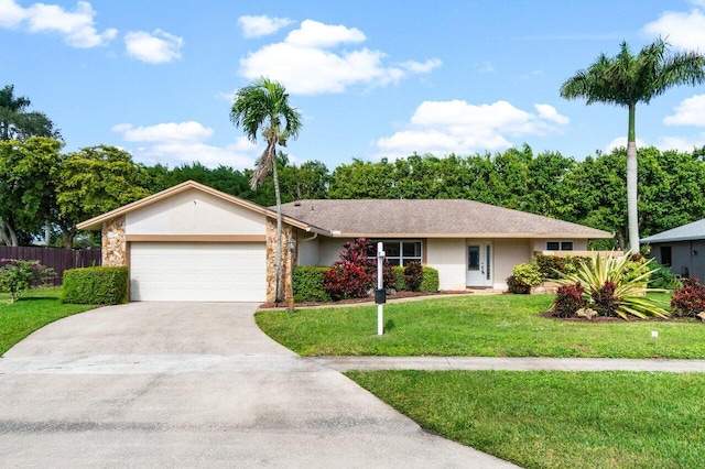 ranch-style house with a front lawn and a garage