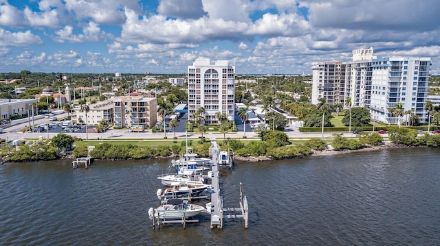 birds eye view of property featuring a water view