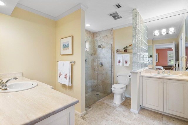 bathroom featuring walk in shower, vanity, toilet, and crown molding