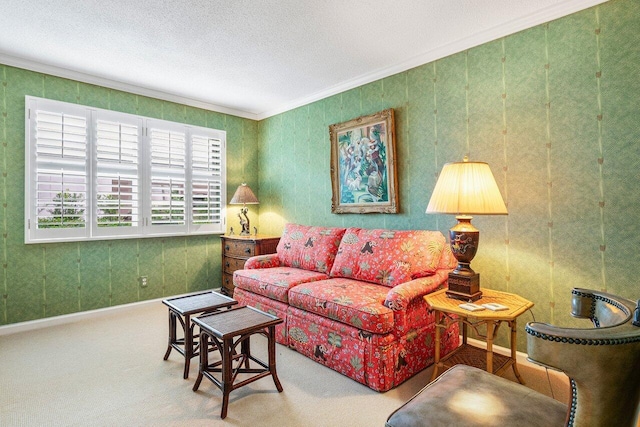 carpeted living room with a textured ceiling and ornamental molding